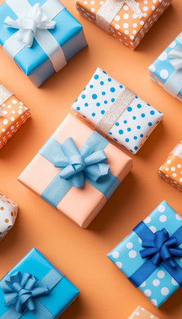 Coral Background with Mini Gift Boxes, Festive Flat Lay for Celebrations and Special Occasions.の素材