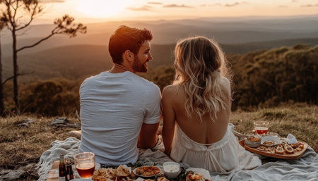 Couple In Love Sharing Romantic Golden Hour Picnic On Mountaintop, Celebrating Romanceの素材