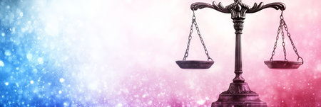 Scales of Justice Symbol of Law and Fairness, Law Concept on Sparkly Blue and Pink Backgroundの素材