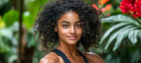 Beautiful Young Woman Smiling with Tropical Plants for Background, Beauty, and Wellness Conceptの素材