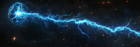 Vivid Electric Blue Lightning Strike with Branching Tendrils Across a Dark and Starry Sky, 3D Renderの素材