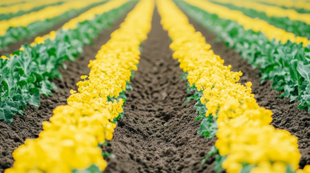 Vibrant abstract patterns of agricultural fields  a softly blurred green and yellow landscapeの素材