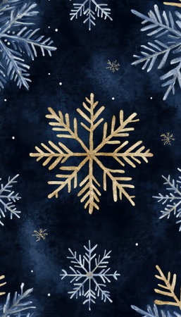 Festive Navy Blue Background with Delicate Gold and Blue Snowflakes, Winter Holiday Backdropの素材