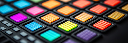 Close-Up Of Vibrant, Multicolored, Square Buttons With Grid Patterns On A Black Device.の素材