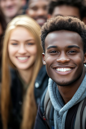 Smiling friends, diversity, joyful gathering Close up of happy faces in a vibrant crowdの素材