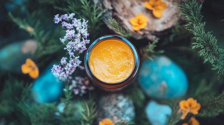 Yellow Cosmetic Product in Jar, Surrounded by Flowers and Dyed Easter Eggs - Natural Beauty Conceptの素材