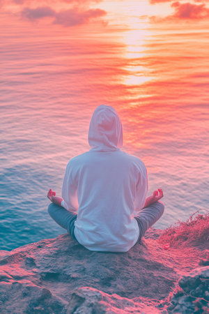 Finding Peace Meditation on a Clifftop at Sunset, Embracing Wellness and Mindfulnessの素材