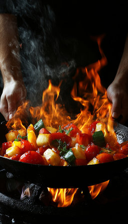 Chef Tossing Colorful Vegetables in Blazing Wok, Restaurant-Quality Cuisine on Fire Photo.の素材