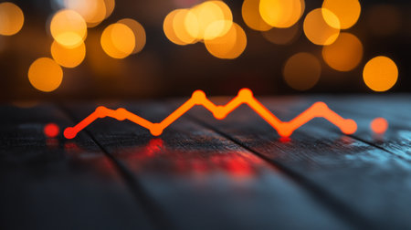 Glowing Orange Line Chart Showing Market Uptrend on Dark Wood, Business and Finance Conceptの素材