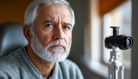 Close-up Portrait of a Serious Senior Man with a Concerned Expression at the Eye Doctor s Office.の素材