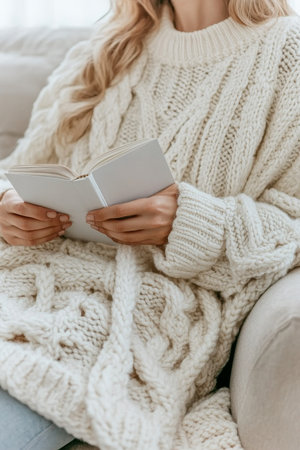 Cozy Winter Day Woman in Chunky Knit Sweater Relaxes at Home Reading a Book, Enjoying Quiet Timeの素材