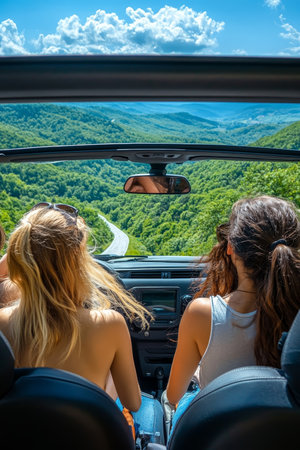 Summer Road Trip Friends Enjoying Scenic Drive in Convertible Car, Lush Landscape, Adventureの素材