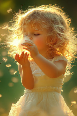 Young Girl Blowing Dandelion Seeds at Sunset Golden Light and Dreams, Childhood Memoriesの素材