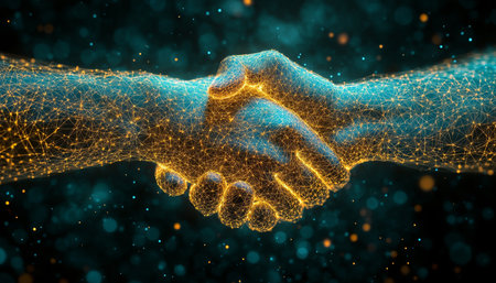 Digital Handshake, Collaboration, Fintech Connection, Cryptocurrency Investment, Blockchain, Wealthの素材