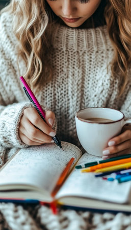 Cozy Autumn Day Young Woman Writing in Journal by Window with Coffee and Colored Pencilsの素材