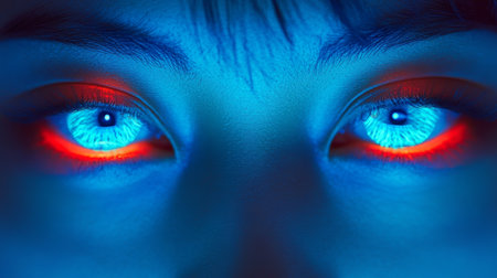 Close-up, Futuristic Woman s Eyes, Glowing Blue Red Light Technology Concept Photographyの素材