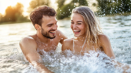 Couple s Summer Fun A Playful Moment Of Splashes And Laughter In The Refreshing Waterの素材