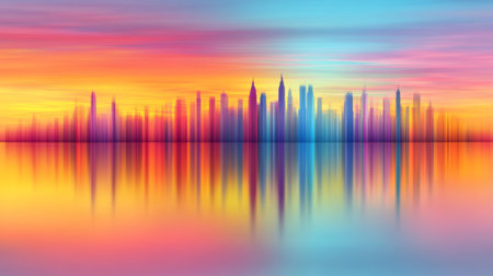 Vibrant City Skyline, Abstract Urban Sunset Colorful Reflections in Water, Modern Cityscapeの素材
