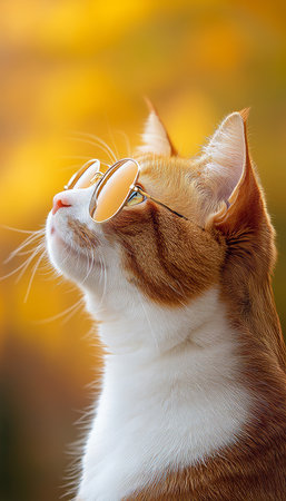 Cool Cat in Autumn Ginger Feline Sporting Mirrored Aviators Against a Golden, Blurred Backgroundの素材