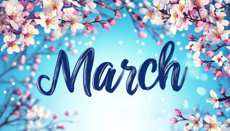 March Spring Flowers Banner. Blooming Orchard, Pink Blossom, Fresh Leaves Background, Blue Sky.の素材