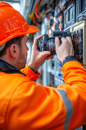 Electrical Engineer in Safety Gear Inspects Control Panel, Industrial Safety, and Maintenanceの素材