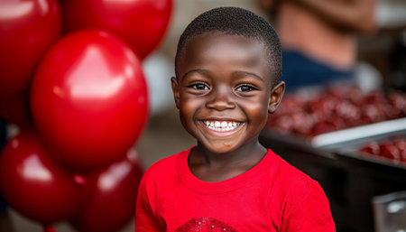 Portrait, Cheerful Young Boy, Red Shirt, Happy Expression, Red Balloons, Market Backgroundの素材