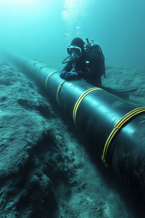 Underwater Telecommunications A Diver Inspects a Data Cable Deep on the Ocean Floor.の素材