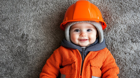 Portrait of Adorable Baby with Big Smile Wearing Orange Construction Helmet on Gray Background.の素材