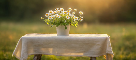 Summer Meadow Wildflowers, in a White Vase On a Table At Sunset With Soft Golden Hour Sunshine.の素材