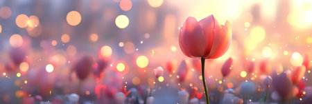 Dreamy Pink Tulip Flower In A Fairytale Garden, Golden Hour With Bokeh Light, Pastel Spring Colorsの素材