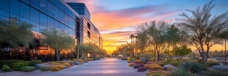 Modern Suburban Office Building Glows at Twilight. Architectural Exterior with Landscapingの素材