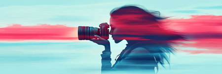 Young Woman with Flowing Hair and Professional Camera, Photography Hobby Nature Conceptの素材