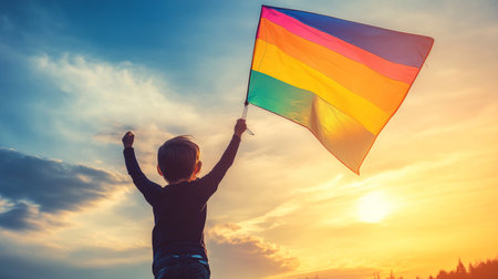 Child Holding Rainbow Flag Celebrating Diversity, LGBTQ Pride, and Freedom at Sunsetの素材