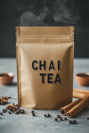 Aromatic Chai Tea Blend Kraft Paper Pouch with Cinnamon, Star Anise on Grey Backgroundの素材