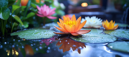 Vibrant Water Lilies in Bloom A serene reflection on a tranquil pond s surface during springtime.の素材