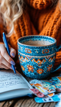 Woman s Hands Journaling on Cozy Autumn Day with Hot Drink, Colorful Stickers, Warm, Cozy Vibeの素材