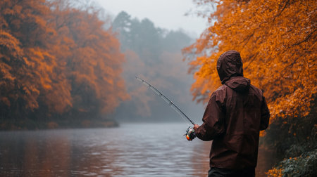 Solitary Fisherman Enjoying Autumn Tranquility Fly Fishing Amidst Fall Colors by a Serene Lakeの素材
