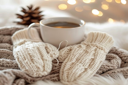 Cozy Winter Still Life Warm Knitted Mittens and a Steaming Cup of Coffee on a Soft Blanketの素材