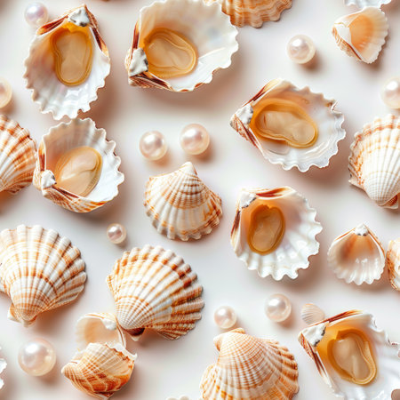 Seamless Pattern, Open Clam Shells, Pearls, White Background, Summer Vibes, Beach Decorの素材