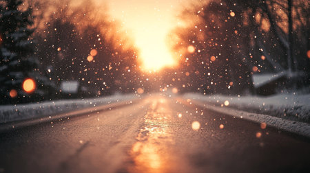 Snowy Road at Sunset, Scenic Winter Landscape With Snow Covered Trees and Golden Lightの素材