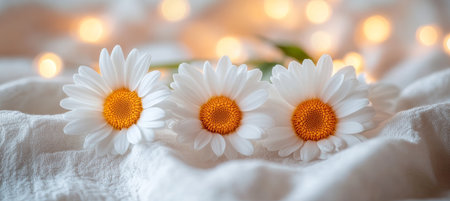 Three White Daisies on White Linen, Soft Focus Spring Floral Background With Fairy Lightsの素材