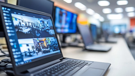 Security Command Center with Multiple Laptop Screens Displaying Surveillance Footage in Real Timeの素材