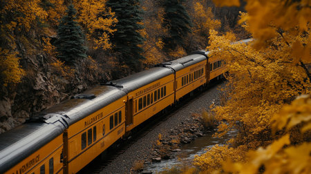 Golden Autumn Train Journey Scenic Railroad Winds Through Vibrant Forested Mountain Landscapeの素材