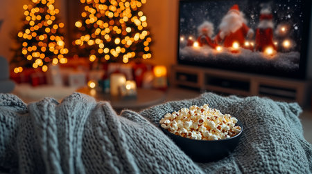 Popcorn, Cozy Knit Blanket, and Christmas Movie on TV Festive Holiday Season at Homeの素材