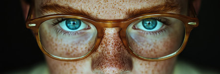 Close Up, Man with Freckles Wears Modern Brown Glasses Staring. Focus on Eyebrows, Eyes, Glasses.の素材