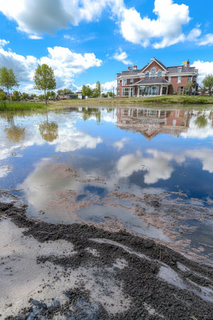 New Suburban Home Construction by Lake with Mud, Reflections of Sky, and Clouds on Waterの素材