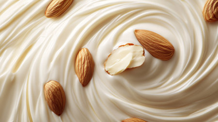 Swirling Texture of Creamy White Chocolate with Whole and Halved Almonds, Food Backgroundの素材