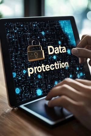 Cybersecurity And Data Protection, Digital Padlock On Tablet For Secure Online Privacyの素材