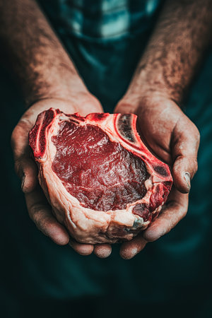 Close-Up, Butcher Holds Raw, Fresh Piece Of Beef. Preparing Delicious Steak For Dinner.の素材