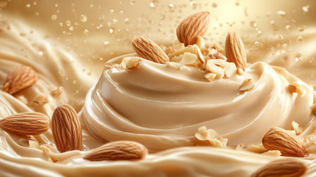 Creamy Almond Milk Swirl with Fresh Almonds, a close-up., Delicious and Nutritious Snack or Drinkの素材